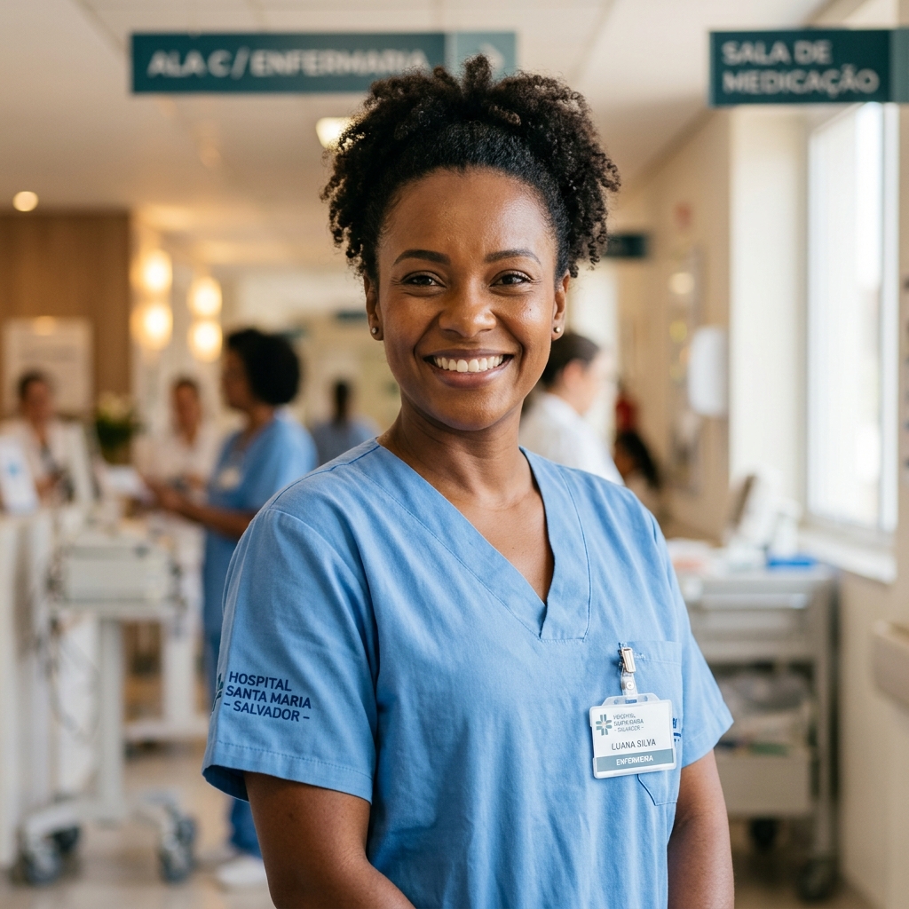 Enfermeira sorrindo vestindo uniforme médico azul escuro